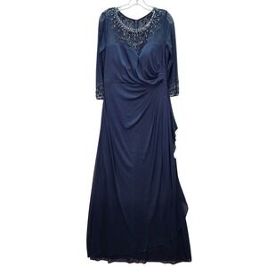 Alex Evenings Gown Womens 12 Navy Blue Beaded Illusion Neckline Ruffled Ruched